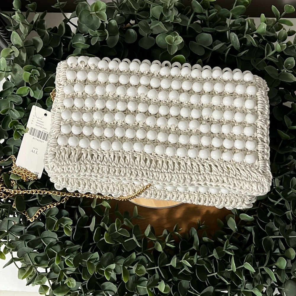 Anthropology white beaded purse with gold chain, Crossbody